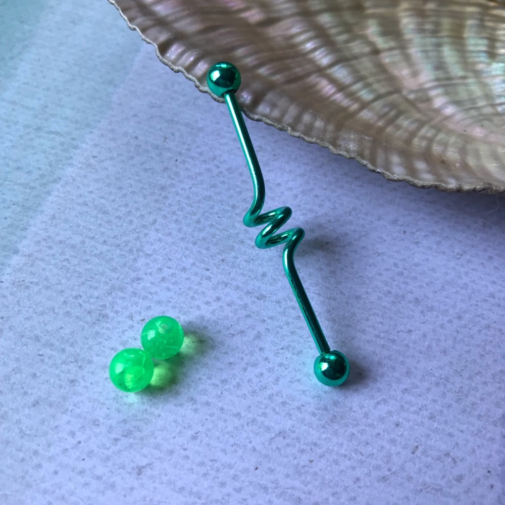 NEW Green Corkscrew Industrial Barbell Earring.
